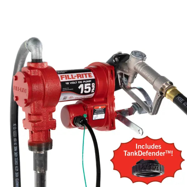 Fill-Rite FR1200 12V DC 15 GPM Fuel Transfer Pump with Nozzle and TankDefender - FR1210HTKD