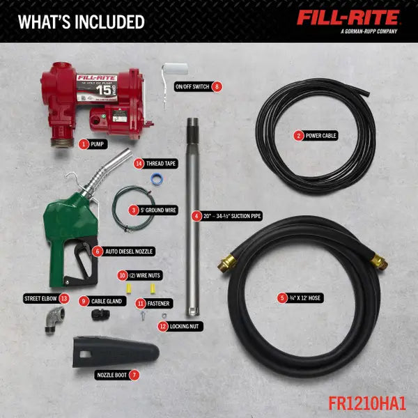 Fill-Rite FR1200 12V DC 15 GPM Fuel Transfer Pump with Diesel Nozzle - FR1210HA1