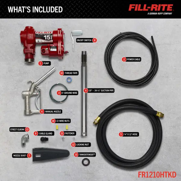 Fill-Rite FR1200 12V DC 15 GPM Fuel Transfer Pump with Nozzle and TankDefender - FR1210HTKD